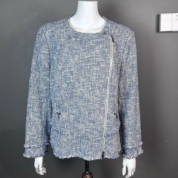 Lafayette 148 jacket size 16 tweed blazer white blue moto cotton business office - Picture 3 of 14